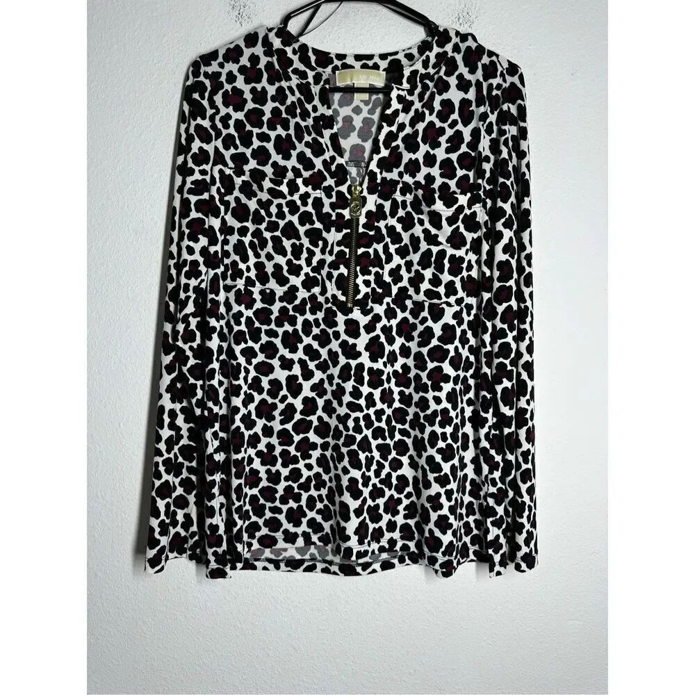 Michael Kors Leopard Burgundy Tie Sleeve Blouse Size M